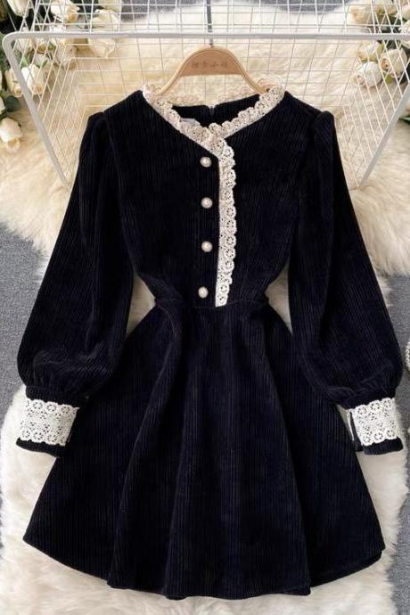 Vintage Corduroy Dress, Lace Stitching, Little Black Dress With Bubble Sleeves