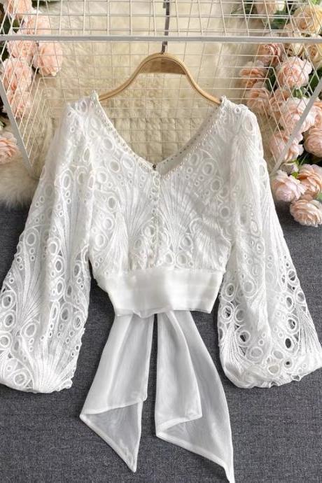 Palace Style Tp, Hollow Lace, Bubble Sleeve, Tie Waist, Short Style, Beaded Shirt