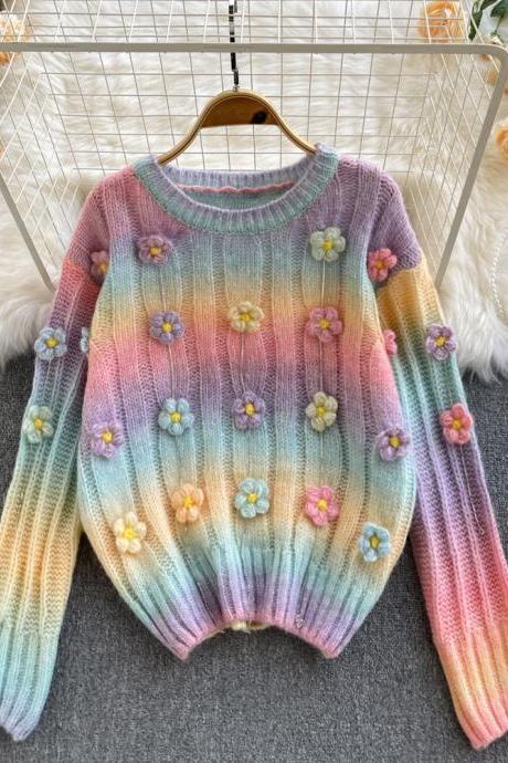 Vintage, pullovers, lazy style, three-dimensional flowers, fade color, loose, versatile tops