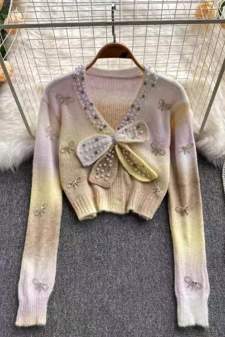 Sweet bowknot short sweater, gradient cute sweater, high waist, versatile, V-neck long sleeve sweater