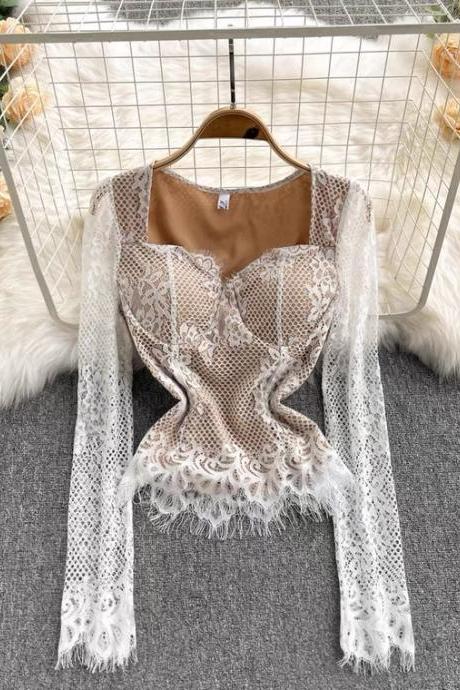 Style, Fashionable Lace Blouse, Slim Short Lace Blouse With Long Sleeves