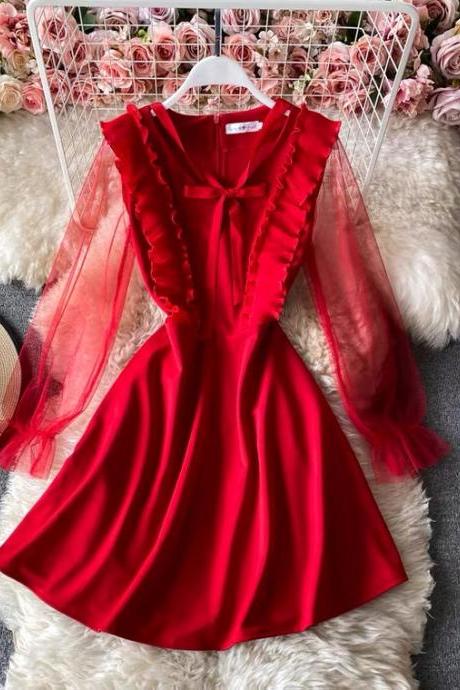 Temperament, Sweet, Sexy Red High-waisted Slim Dress, Mesh Stitching, Flounces, Long Sleeve A-line Dress