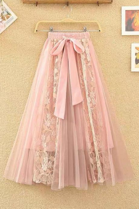 Fairy swing skirt, new style, bow, lace stitching, mesh high waist skirt, shaggy long gauze skirt