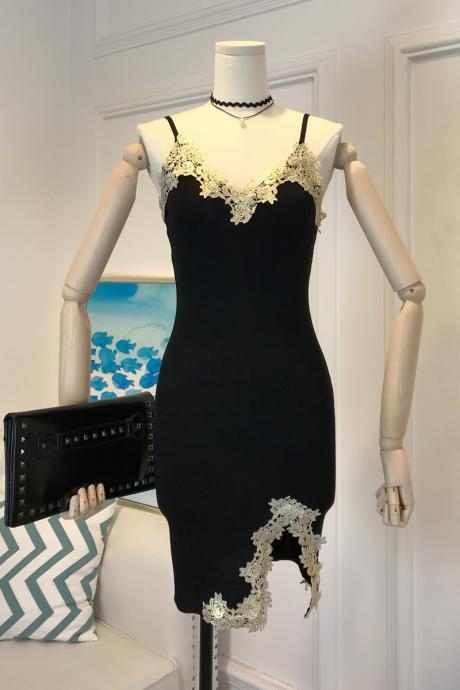 Cheap on sale!New, sexy, goddess, sweet, lace trim halter slit dress