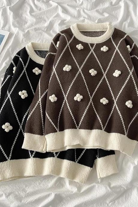 Round collar flower knit sweater, autumn and winter, lazy wind, retro, loose contrast color diamond sweater