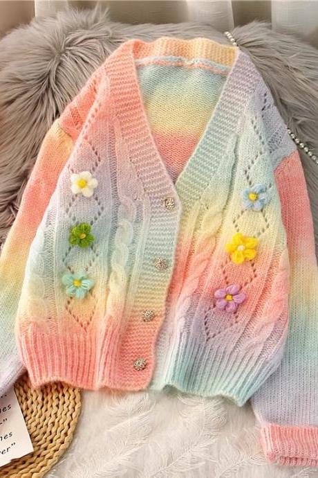 V-neck rainbow stripe cardigan, new soft waxy loose knit