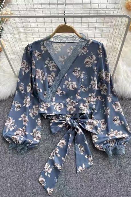 Lace v-neck floral shirt, vintage, strap, waist, short crop blouse