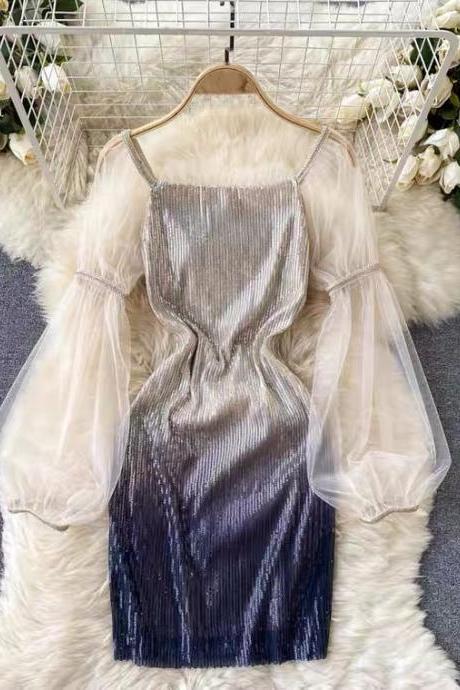 Light Luxury Lady Dress, Gradient Sequin Party Dress