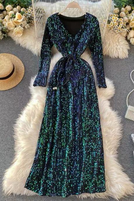 Sequin Dress, V-neck, Long Sleeves Party Dress, , Sexy Dress