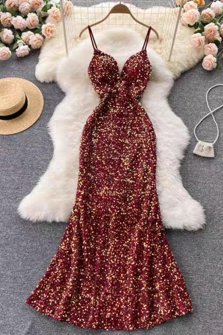 Mermaid Dress, Elegant, Noble, Temperament, Glitter Long Dress, Sexy Spaghetti Strap Dress