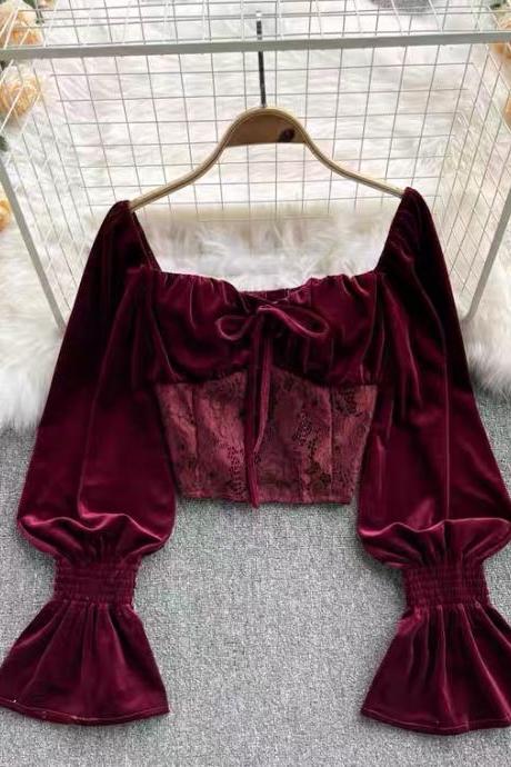Light ripening shirt, fashion, short slim lace stitching velvet top