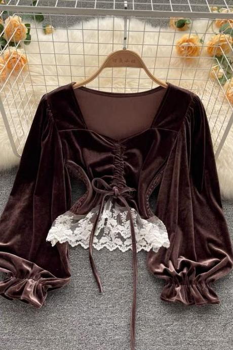 Square Collar, Collarbone Exposed, Velvet Shirt With Bubble Sleeves, Pleated, Fashion Short Top