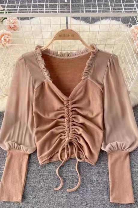 Square Collar, Exposed Collarbone, Class Shirt, Pleated Lace-up Fashion Short Top