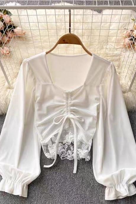 Square Collar, Bubble Sleeves, Drawstring Pleats, Patchwork Lace Short Top