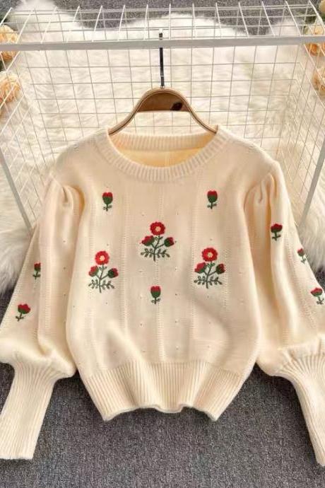Pullover Knit Sweater, Flower Embroidery, Lantern Sleeve Loose Lazy Sweater