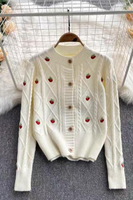 Strawberry embroidered short sweater, loose, lazy style, standing collar, single-breasted soft waxy cardigan