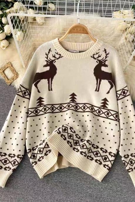 Pullovers, Christmas deer sweaters, loose, slouchy long-sleeved knits