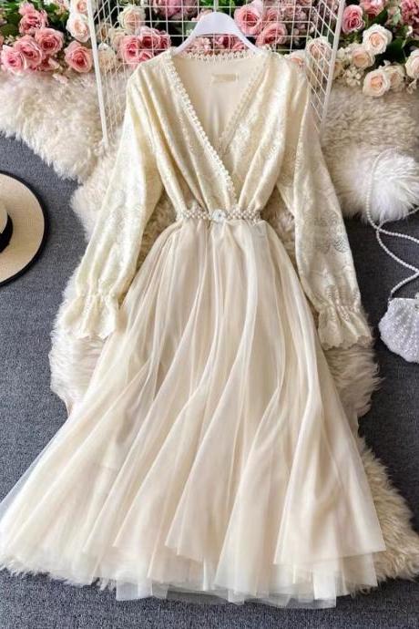 Waist, Long Sleeve Mesh Stitching Lace Dress, Fashionable Temperament V-neck Long Dress