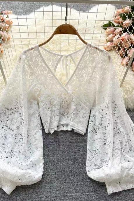 Backless, short style, see-through hook flower lace top, fashionable small shirt versatile shirt