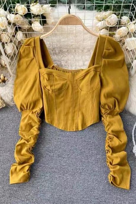 Pleated long-sleeve blouse, off shoulder crop top