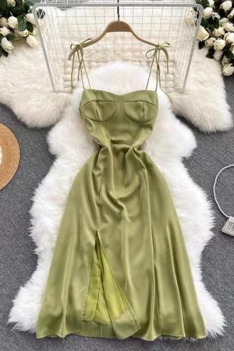 Sexy green dress, goddess style, temperament, square collar, slim long slit dress halter dress