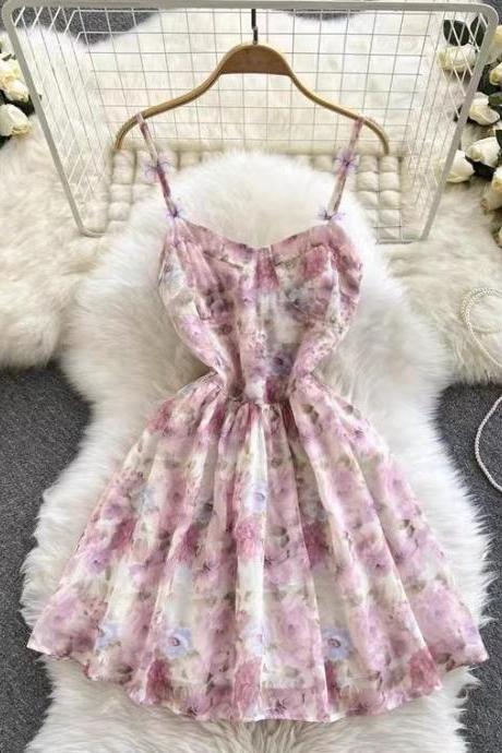 Vintage, halter floral dress, temperament waist fairy spice dress