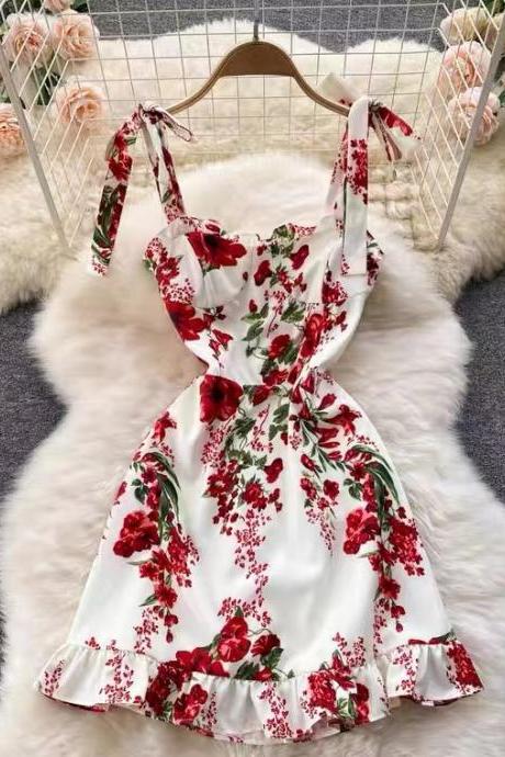 Sweet, agaric hem ,spaghetti strap dress, print, slim short holiday dress