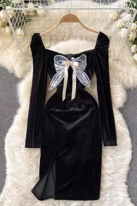 Velvet dress, heavy embroidery butterfly, slim, short slit hip dress