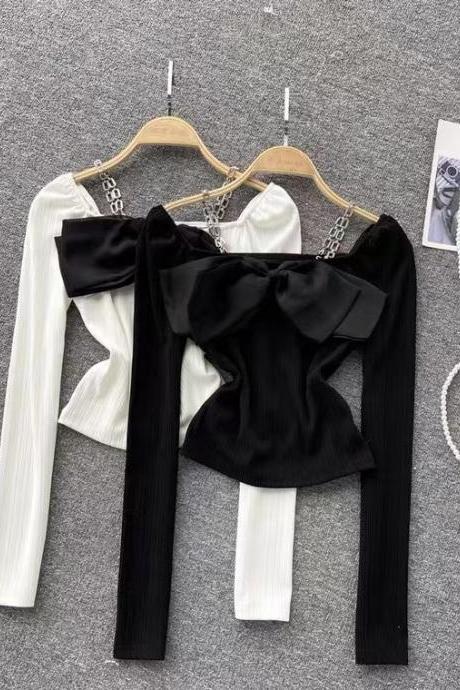 Square collar, bow tie, chain strap long sleeve T-shirt, cute slim short bubble sleeve top