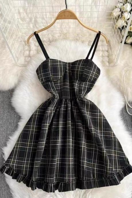 Sweet ,vintage, sexy halter dress, cute plaid short A-line dress