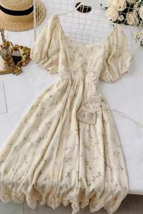Chic elegant fairy dress, gentle, sweet, retro lace dress, high waist floral dress