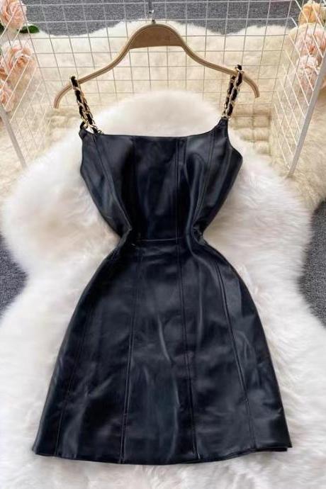 Design sense chain strap leather dress, fashionable, versatile, slim short dress