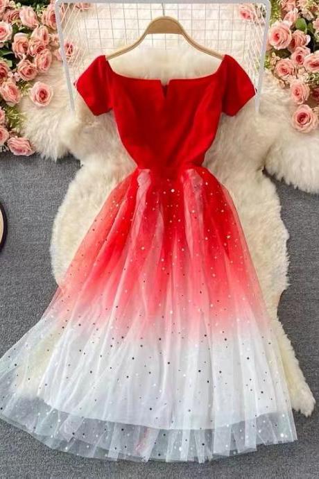 Super Fairy Star Gradual Dress, Off Shoulder Dress, Temperament Party Dress