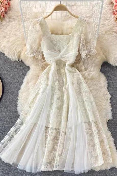 Square collar lace dress, temperament, mesh patchwork fairy dress, bubble sleeve dress