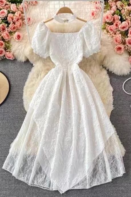 Vintage, square neck, jacquard fairy dress, short sleeves gentle dress, temperament slim dress