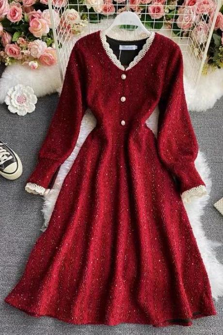 Red lace V collar dress, new style, autumn and winter, temperament long sleeves dress