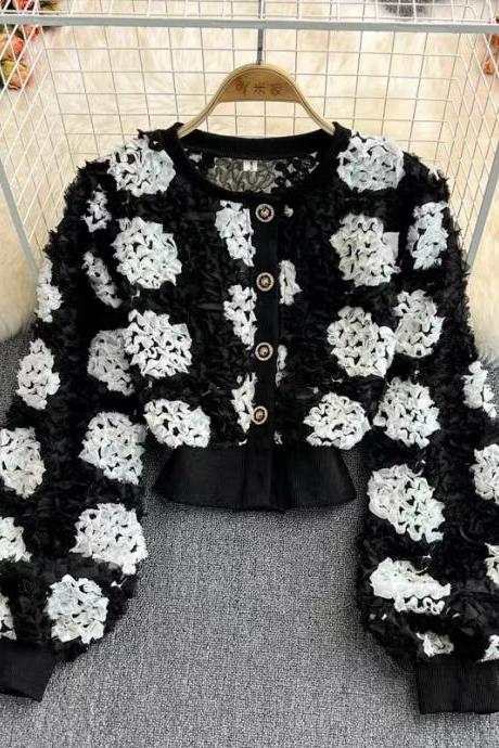 Autumn And Winter, Style, Three-dimensional Flowers, Lace, Bubble Sleeve Coat, Chic Temperament Short Cardigan Jacket