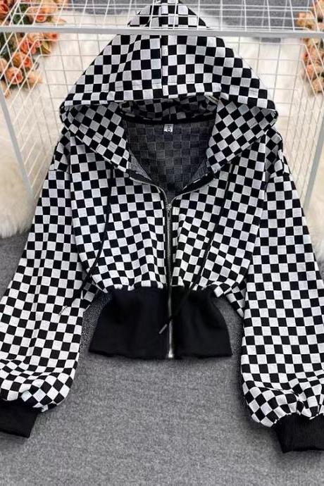Autumn/winter, new style, fashion, black and white checkered, zipper, hooded waist short sweater