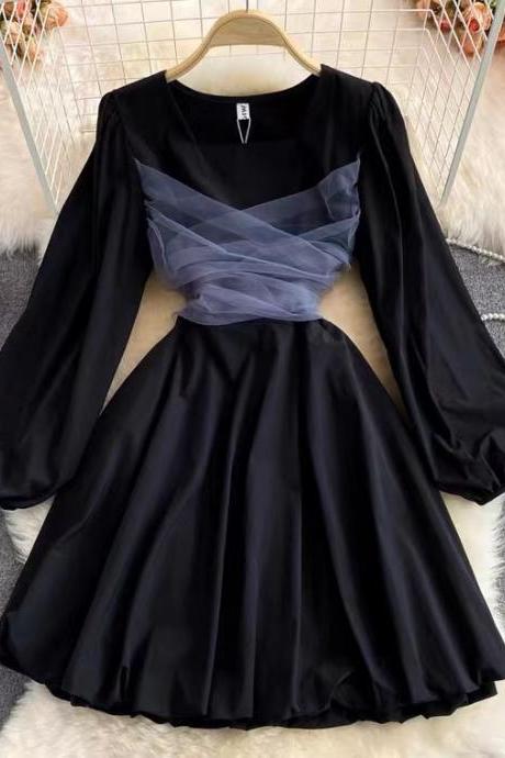 Temperament, Square, Waist, Bubble Sleeve, Patchwork Tulle Dress, Black Midi Dress