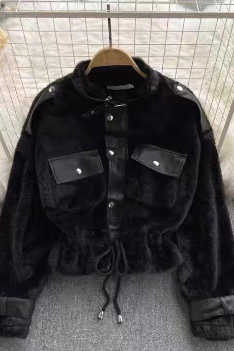 Chic, Fur Coat, Short Style, Drawstring, Waist Collar Leather Plush Jacket