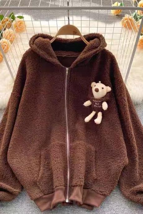 Lamb hair hat, cartoon bear coat, autumn and winter, new style, loose and lazy wind thickened jacket