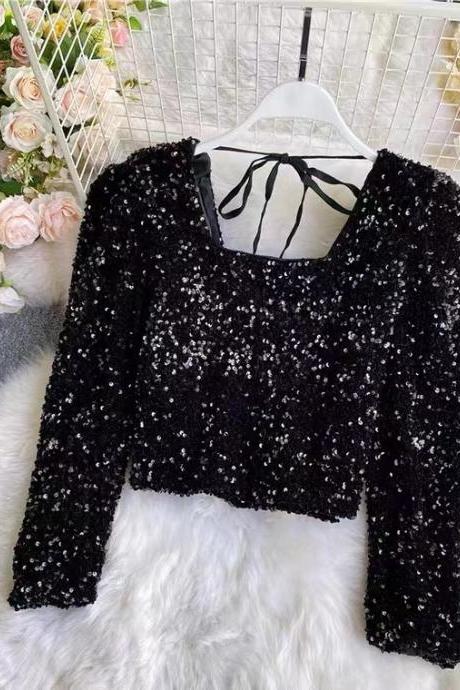 Sequined T-shirt, Long Sleeves.. Heavy, Sparkly, Square Collar, Loose, Short-sleeve Top