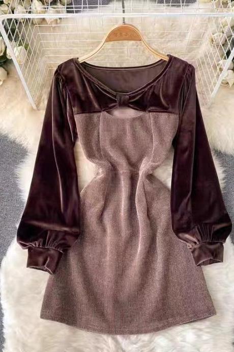 Fashionable velvet waist dress, autumn and winter, new style, hollow long sleeves slim temperament dress