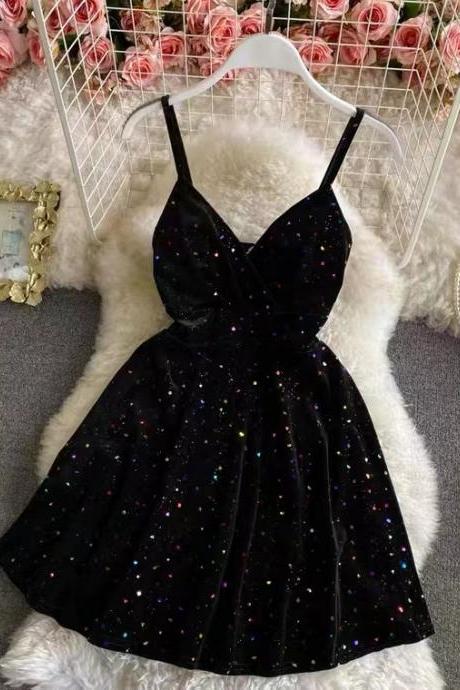 Short mini dress, spaghetti strap party dress, sparkly v-neck velvet dress
