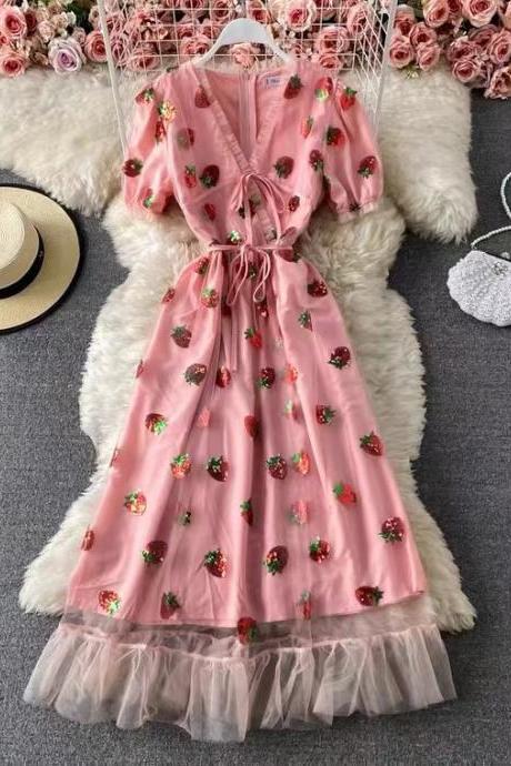 Pink, Fairy, Bubble Sleeves Dress, Deep V Strawberry Sequine Embroidered Dress, Beach Holiday Dress