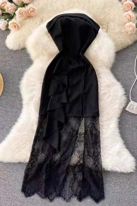 High Sense Strapless Lace Stitching Dress, Waist-in Elegant Black Dress