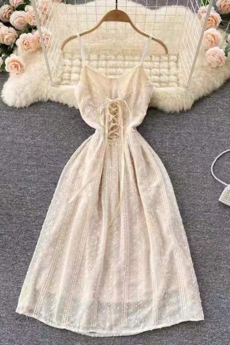 Lace Splicing Halter Dress, Fashion, Binding, Waist, Sweet Temperament A-line Dress