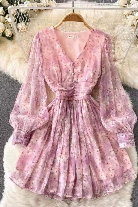 Gentle , Super Fairy Chiffon Floral Dress, Waist, Temperament, V-neck Bubble Sleeve Printed Dress