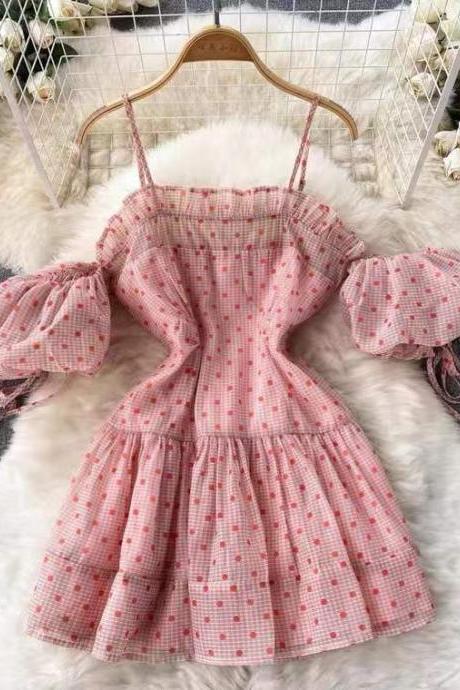 Polka Dot Halter Dress, Vacation Cute Pink Little Dress, Super Fairy Sweet Beach Dress