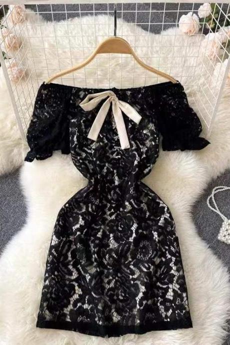 Elegant, Jacquard Lace Dress, Off Shoulder Bow Short Sleeve Dress